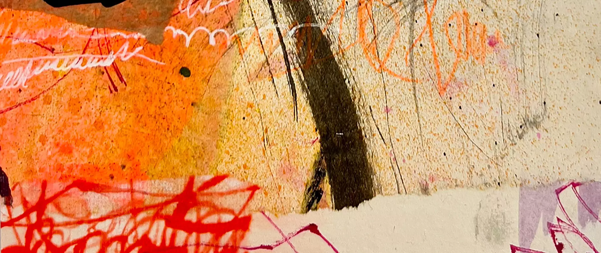 Abstrakte zeichnerische Collage mit leuchtenden Farben und dynamischen Linien, die kreatives, freies und experimentelles Arbeiten symbolisiert