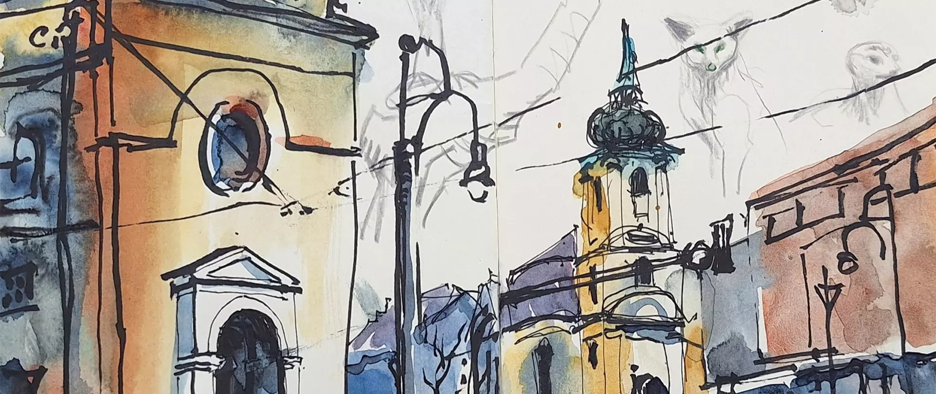 Aquarellskizze einer urbanen Straßenszene mit historischen Gebäuden, Laternen und architektonischen Details in lockerer Linienführung