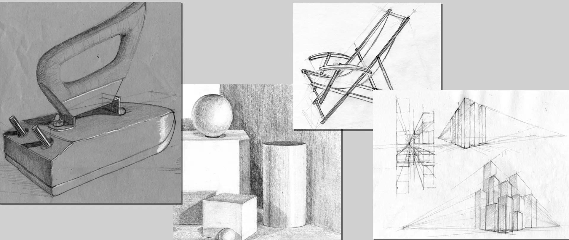 AT2027: 12 - 13. Juni · Markus Giersch · Worpswede · Menschen, Zeichnen, Landschaft, Tiere · Deutsch Zeichnen für Anfänger Skizzen verschiedener Objekte und Perspektiven, darunter Bügeleisen, geometrische Formen, Stuhl und Architekturstudien, als Einführung ins Zeichnen für Anfänger
