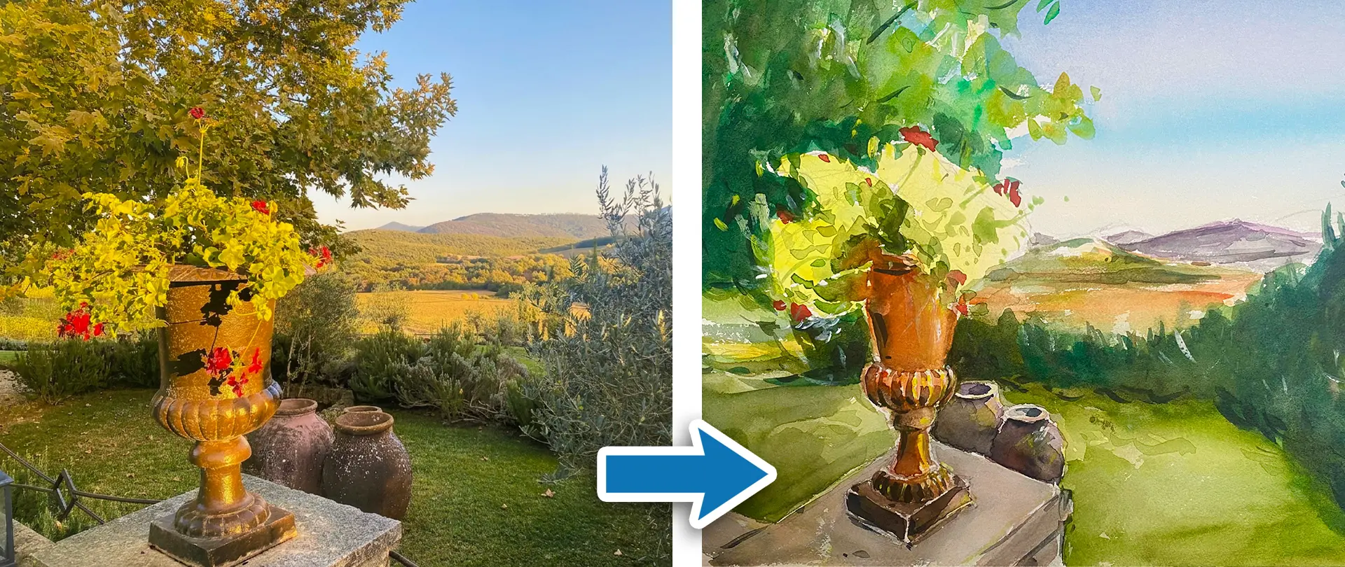Vase mit Blumen vor Landschaft neben Aquarellversion, zeigt Anwendung der Ellipse in der Perspektive für realistische Objekte wie Vasen und Gläser