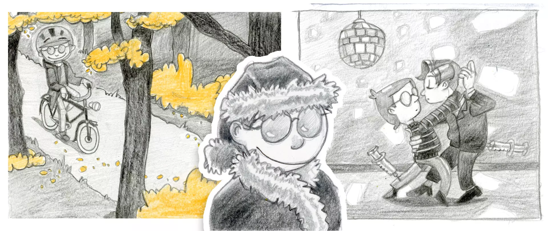 Comicfiguren in einfachen Formen zeigen Fahrradfahrt im Park, Tanzszene und einen Charakter mit winterlicher Kleidung und Brille