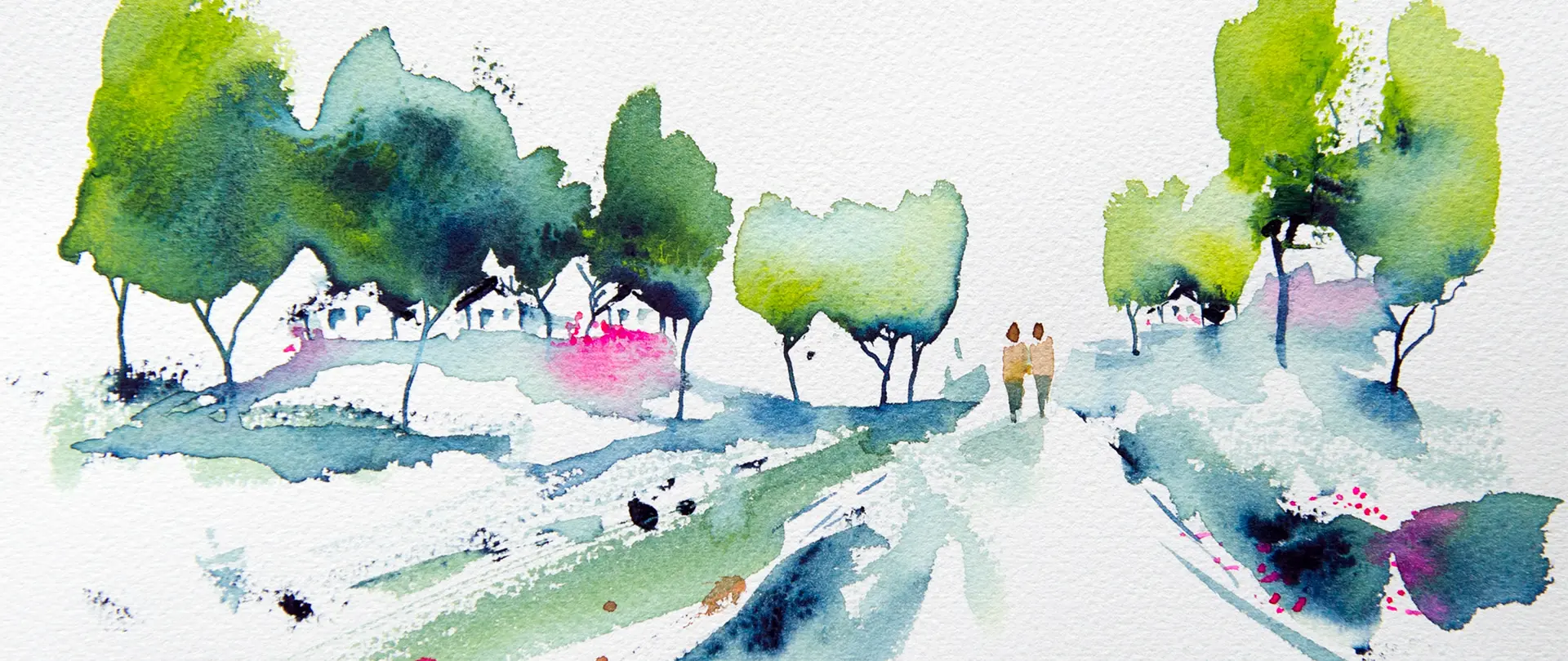 Kreative Landschaften in Aquarell Landschaftsaquarell mit lockerer Malweise zeigt Bäume, Weg und zwei Personen, vermittelt kreative und freie Aquarellmalerei in natürlicher Umgebung