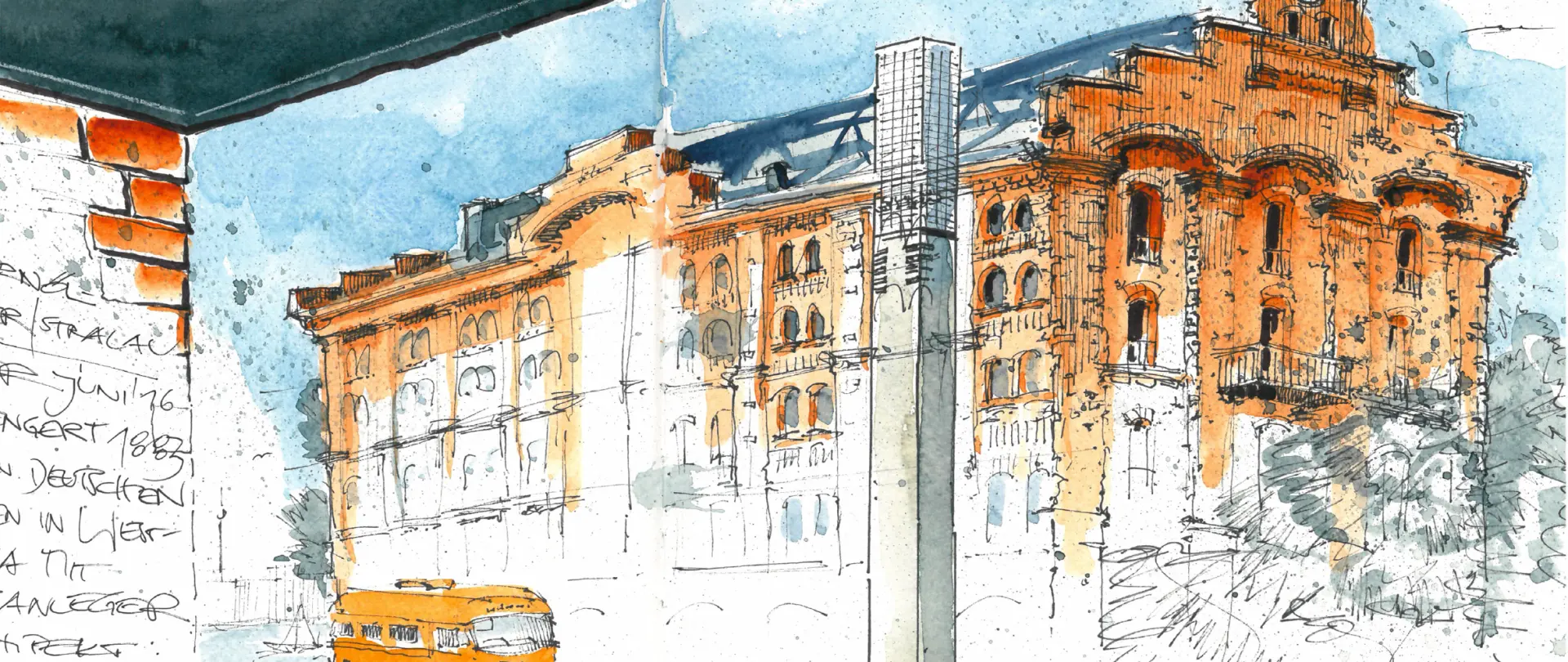 Aquarellskizze eines historischen Gebäudes mit urbanen Elementen, die das kreative Skizzieren und Malen unterwegs im Kurs „Abenteuer Skizzenbuch“ vermittelt