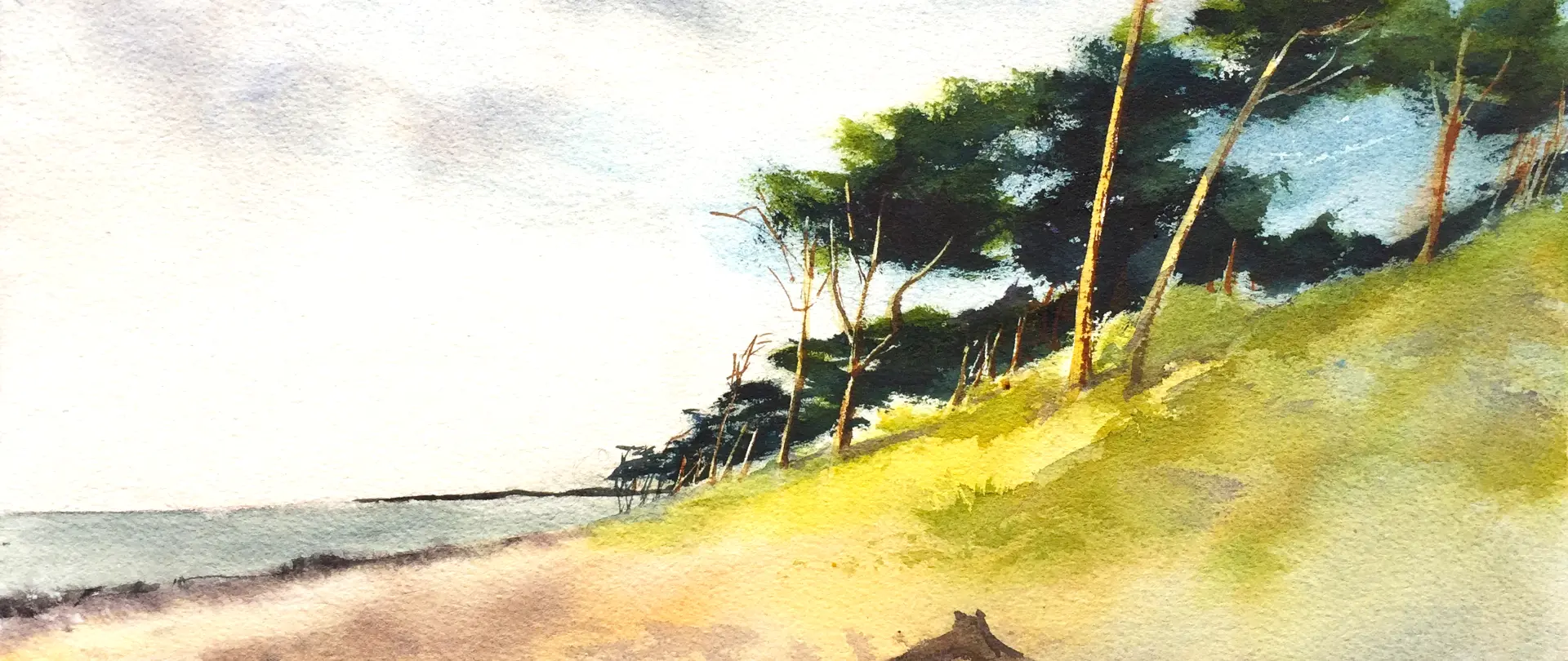 Aquarellmalerei einer Ostseelandschaft mit Dünen, Bäumen und Strand im prägenden Licht für den Kurs "Aquarell leicht gemacht – Malen auf dem Darß"