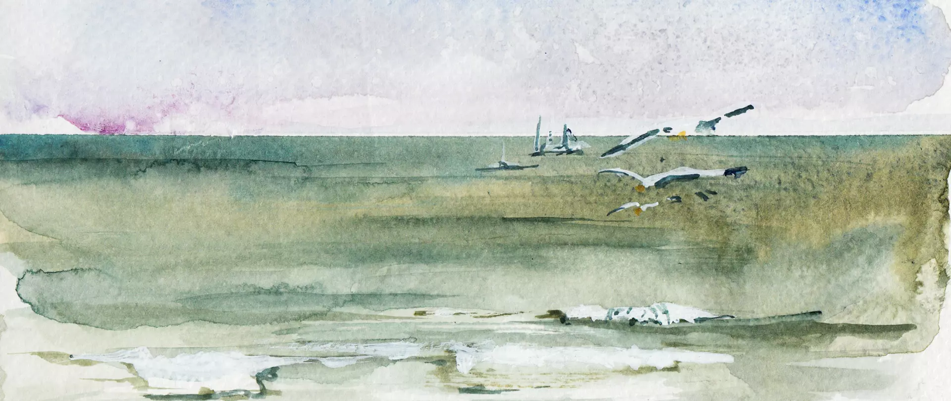 Aquarell einer Küstenlandschaft mit Seevogelflock und Schiffen, die das schnelle Skizzieren und Komponieren von Reiseszenen zeigt