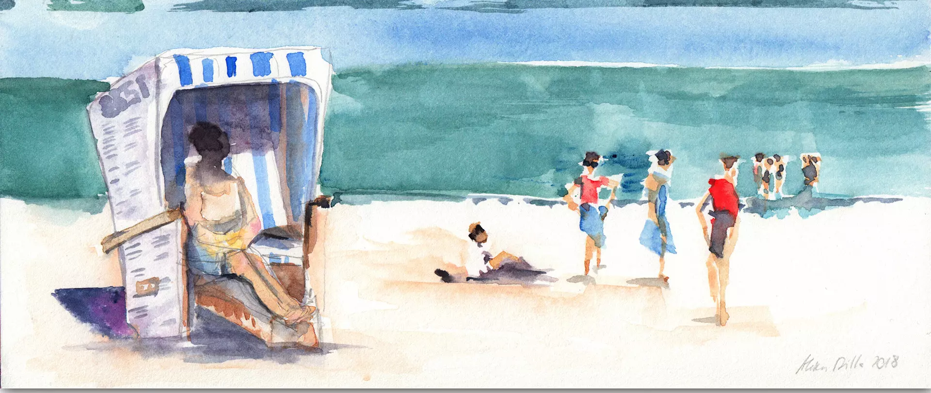 Wasserfarbskizze einer Strandlandschaft mit Figuren, Strandkorb und Meer, ideal für Reiseskizzen und schnelle Kompositionsübungen