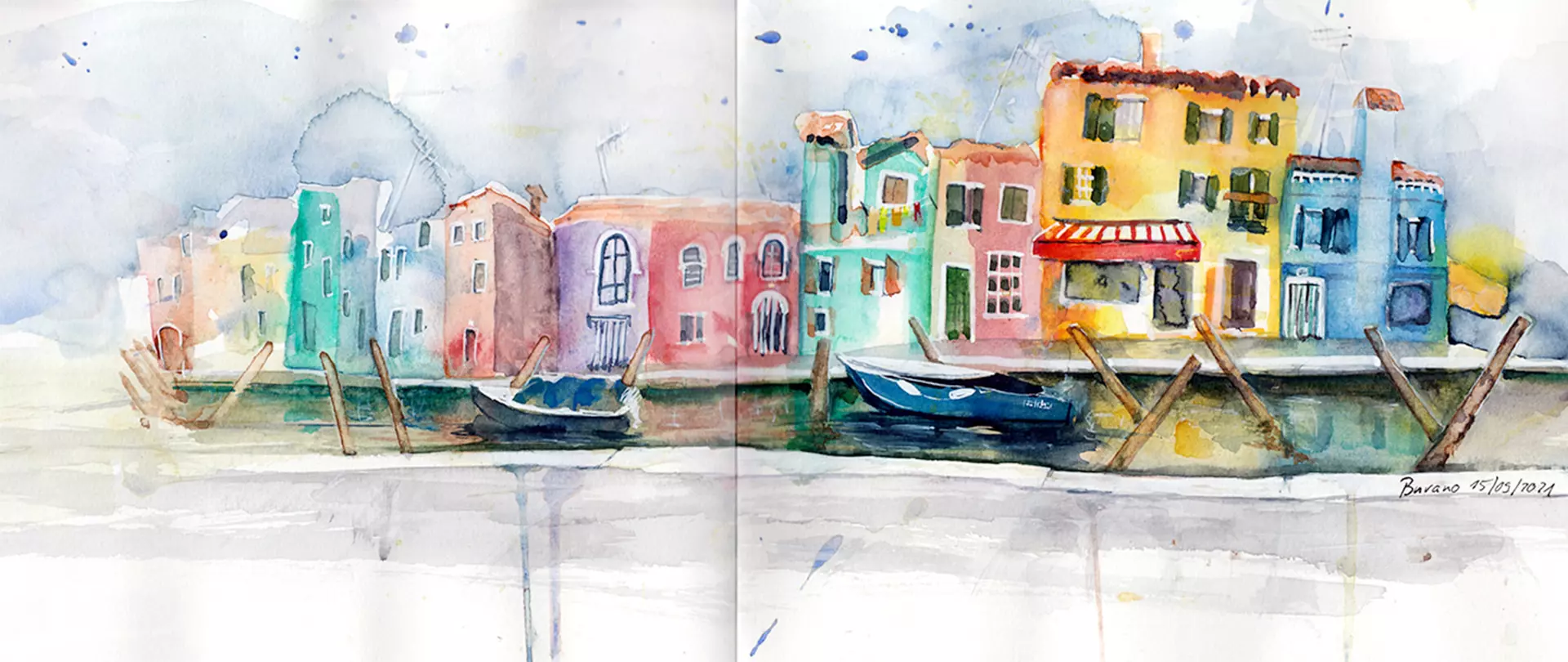 Bunte Aquarellskizze von venezianischen Häusern entlang eines Kanals mit Booten, die die magische Atmosphäre Venedigs einfangen