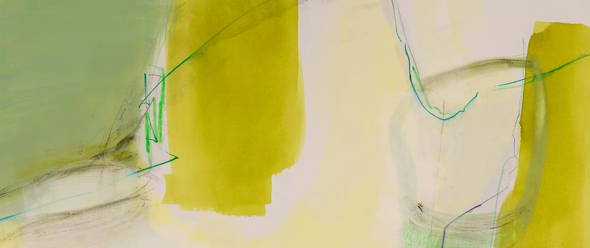Abstraktes Bild mit freien Linien und organischen Formen in Grün- und Gelbtönen, inspiriert von natürlichen Mustern und Linienflüssen