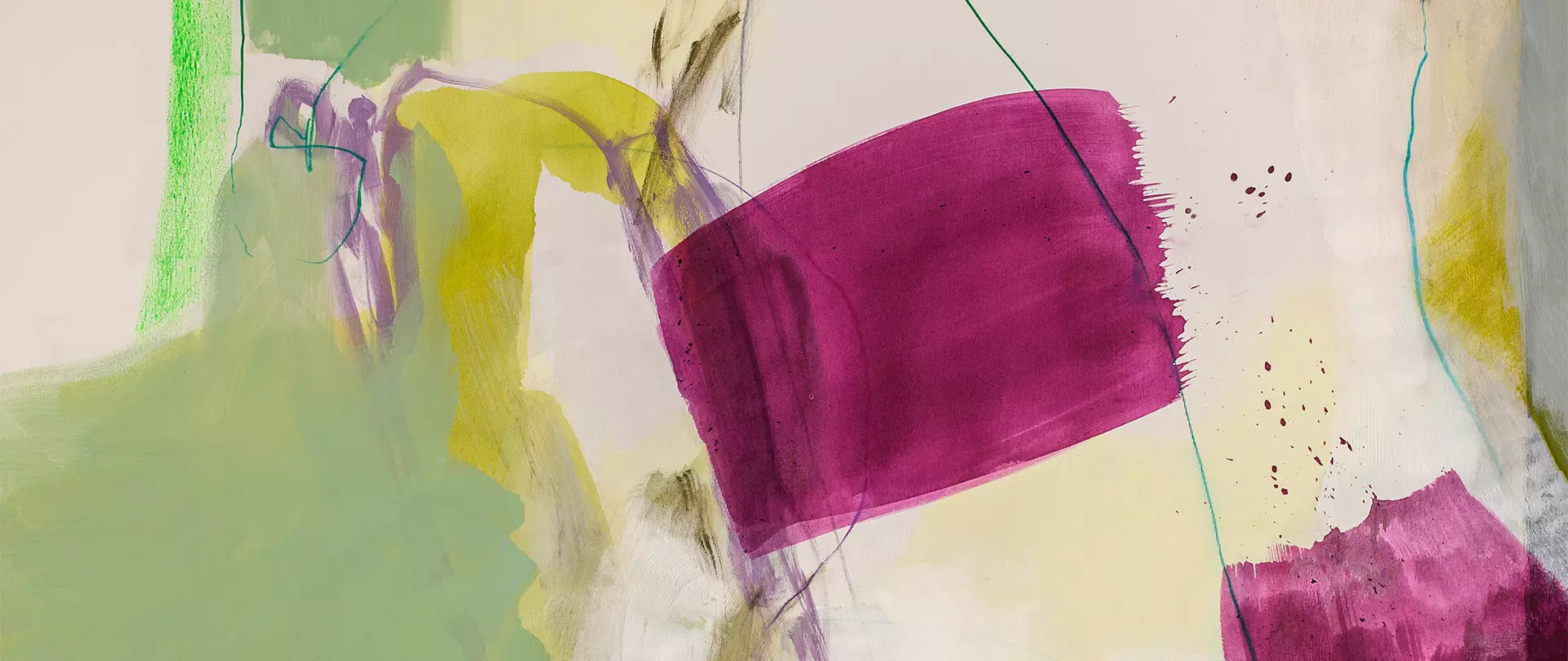 Abstrakte Komposition mit freien, farbigen Linien und Formen in Grün, Gelb und Magenta