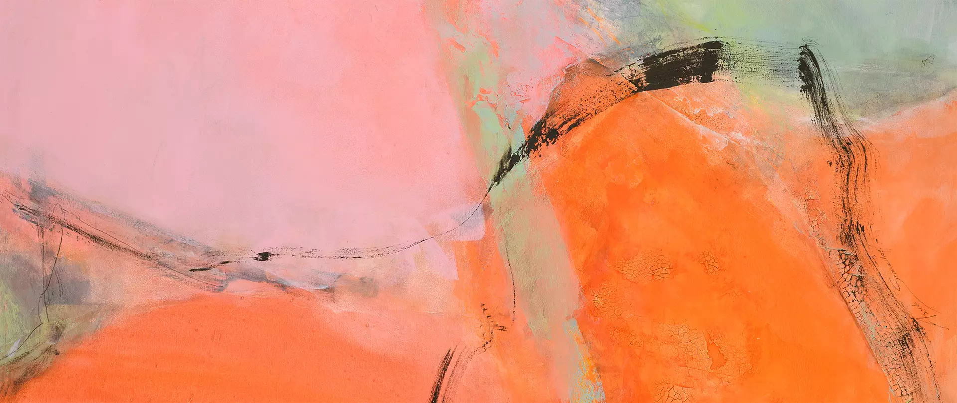 Abstrakte Malerei mit leuchtenden Orange- und Rosatönen, lebendigen Pinselstrichen und kraftvoller, energiegeladener Stimmung