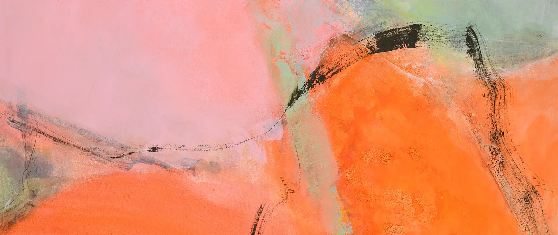 Abstrakte Kunst mit lebhaften orangefarbenen und rosafarbenen Flächen, akzentuiert durch feine schwarze Linien, die Energie und Lebensfreude symbolisieren