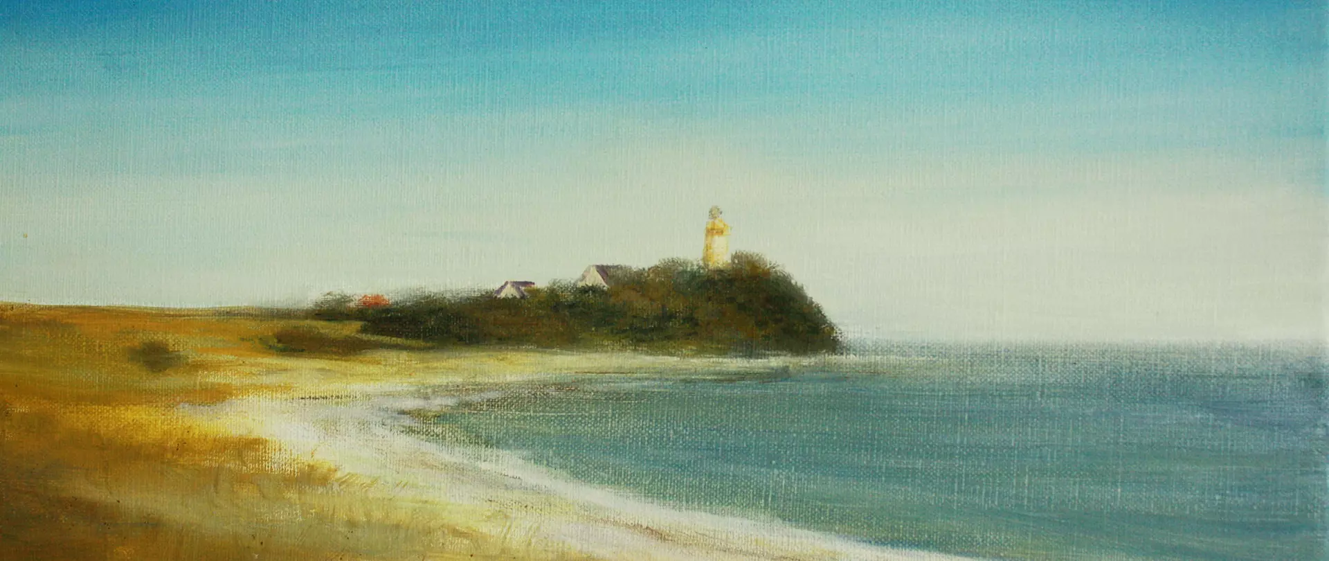 Künstlerische Küstenlandschaft mit Leuchtturm auf Hügel in Öl- oder Aquarellmalerei, dargestellt in sanften Farben und weichen Pinselstrichen