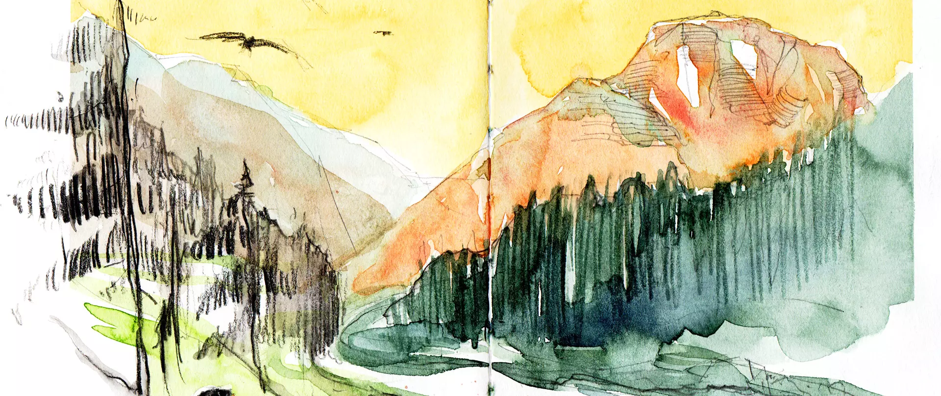 Aquarell-Sketch mit Blick auf das bayerische Ohlstadt: Ein leuchtender Sonnenhimmel hinter orangefarbenem Bergmassiv, dunklem Tannenwald und locker gezeichneten Tälern – von artistravel-Dozent Tilo Schneider