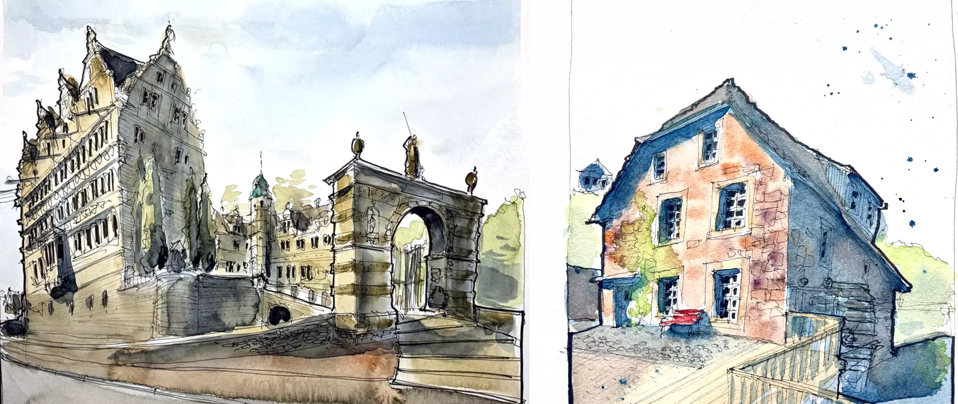 Historische Architektur mit detaillierter Fassade und Torbogen auf der linken Seite sowie charmantes Fachwerkhaus mit bunten Farben rechts