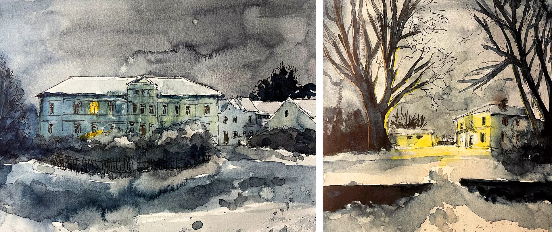 Zweigeteilte Aquarellskizze mit nächtlichen Gebäuden und Bäumen, beleuchtet von warmem Licht, im Schnee unter dunklem Himmel