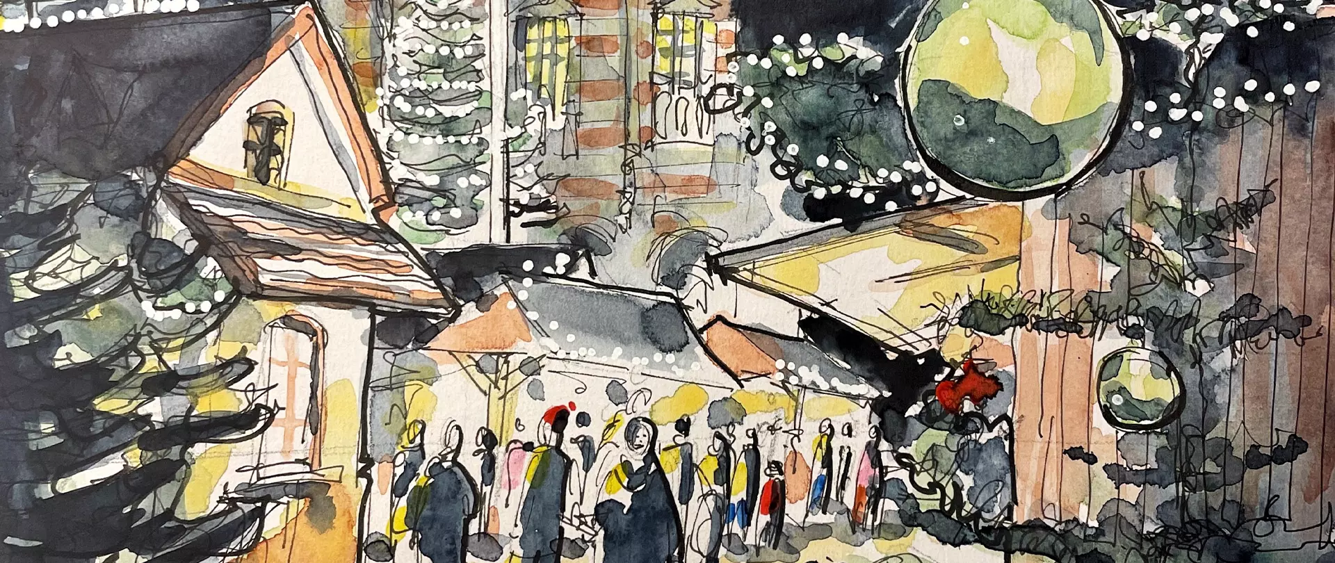 Abendliche Straßenszene mit Menschen, Gebäuden und Weihnachtsbeleuchtung in urbanem Aquarell-Sketch-Stil