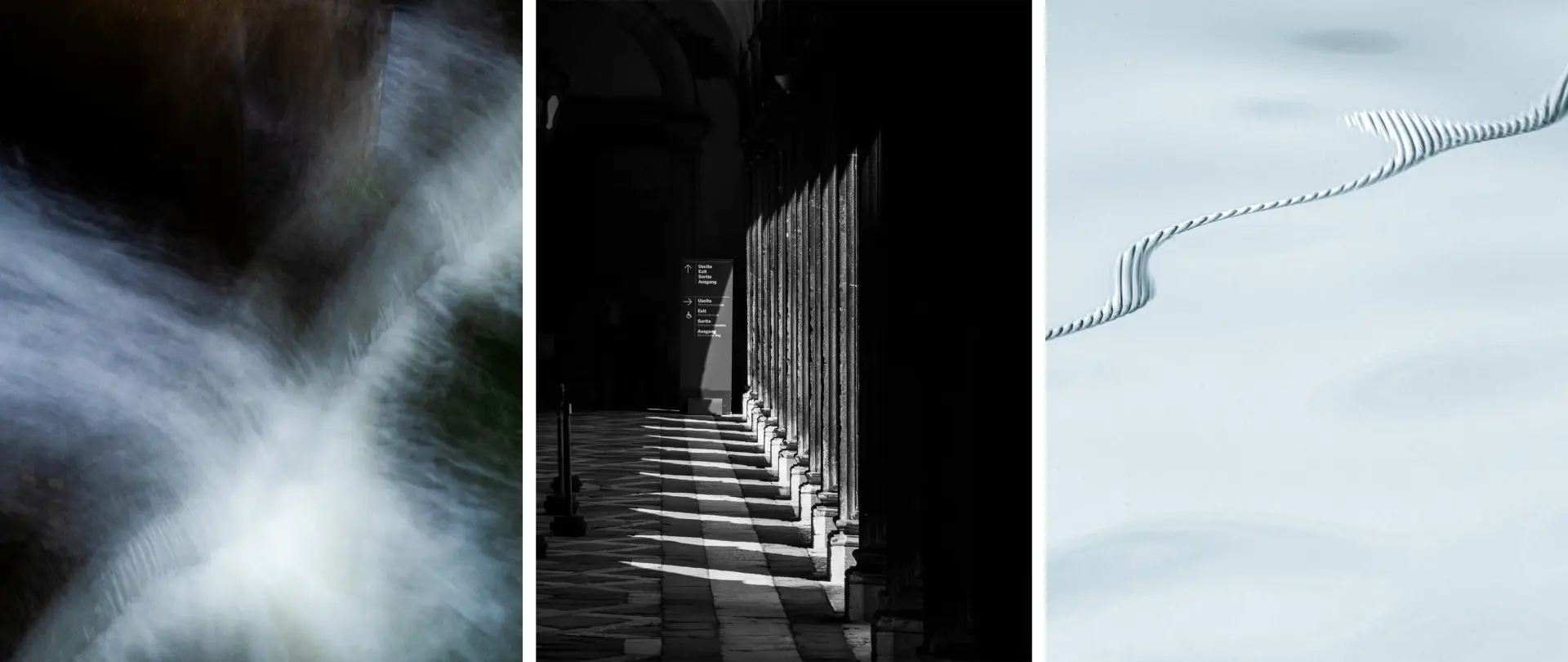 Drei Fotos aus Venedig mit Bewegungseffekten, Licht und Linien, die dynamische und kreative Fotografie mit künstlerischer Gestaltung zeigen
