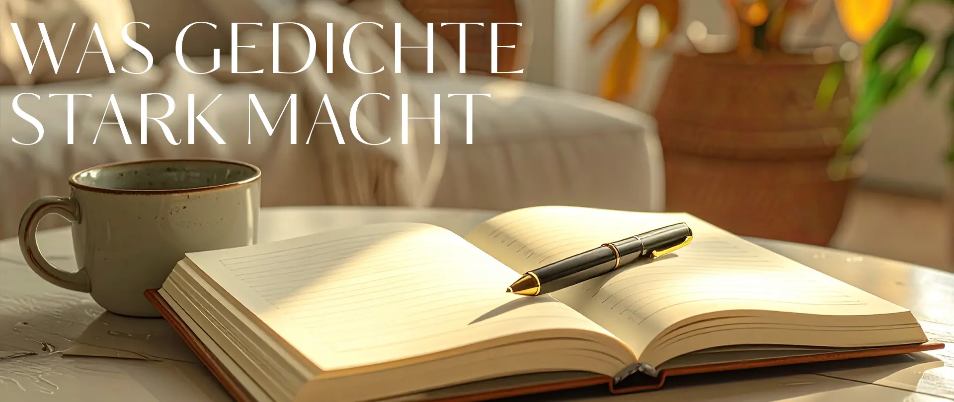 Aufgeschlagenes Notizbuch mit Stift und Kaffeetasse im warmen Licht, symbolisiert kreative Atmosphäre für den Lyrikwerkstatt-Kurs "After Work"