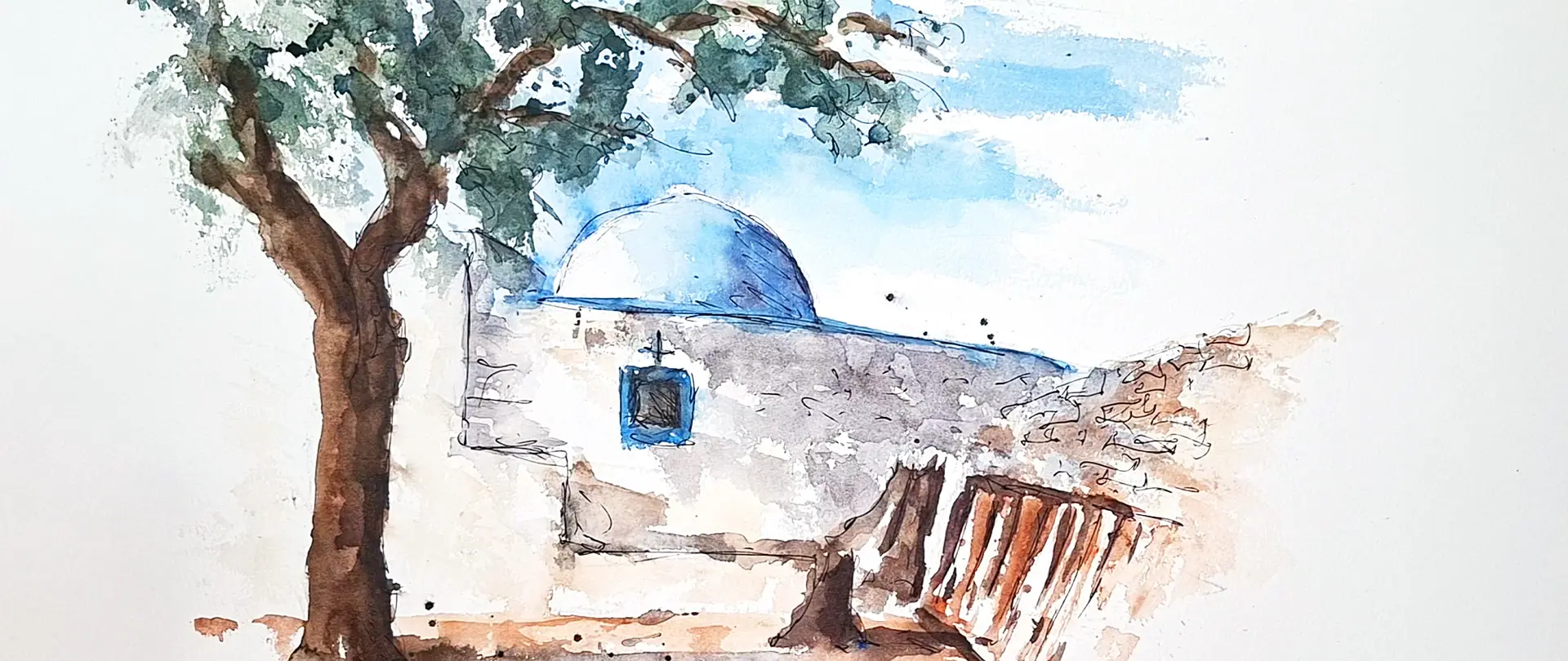 Das lockere Aquarell - weniger ist mehr Aquarell eines mediterranen Gartens mit Baum, Mauer und blauem Kuppeldach, das die Technik des lockeren, reduzierten Malens vermittelt