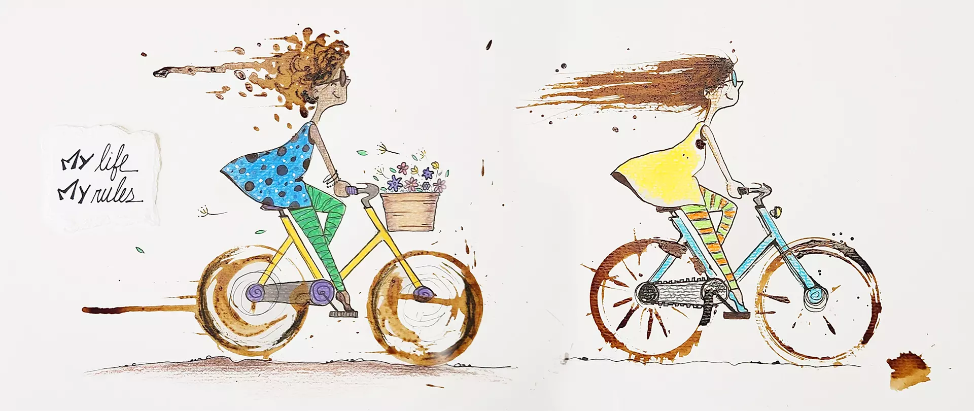 Zwei Frauen auf Fahrrädern mit bunten Kleidern, Kaffeeflecken und verspielten Farbspritzern in fröhlicher, künstlerischer Illustration