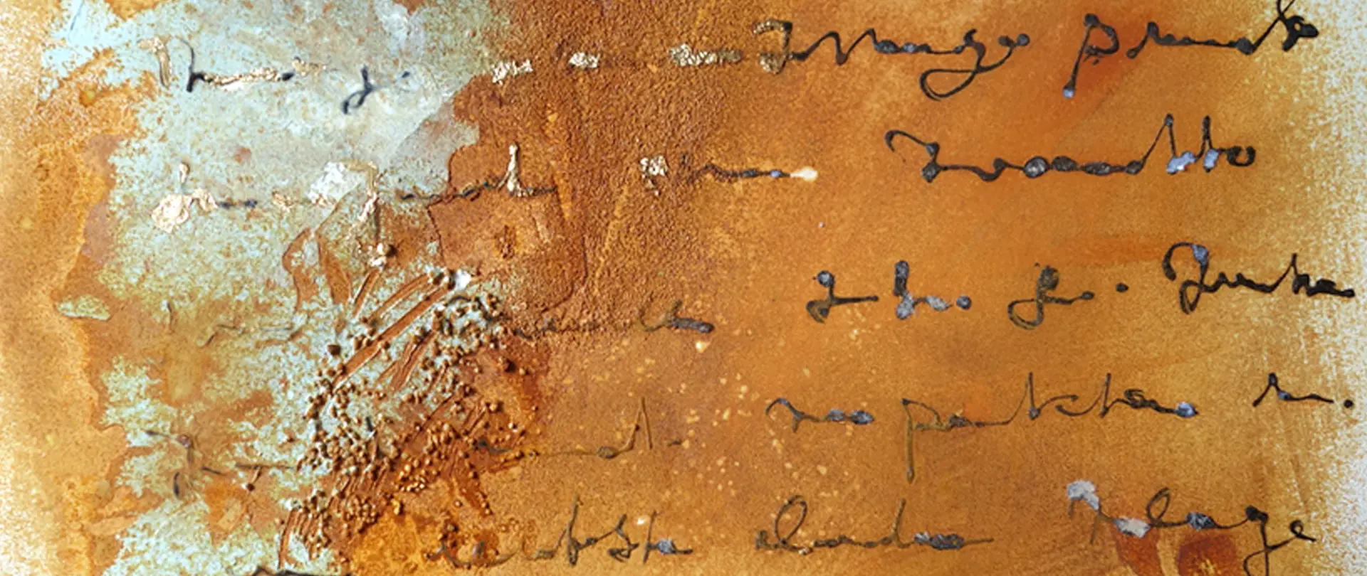 AT2026: 01. November · Helga Budde-Engelke · Live-Online Kurs · abstrakt, Acryl, Mischtechnik · Deutsch Acrylmalerei mit Rost, Gold und Schrift Acrylbild mit rostigen Strukturen, goldenen Akzenten und kalligrafischer Schrift als Kunstwerk aus Acrylmalerei mit Rost, Gold und Schrift