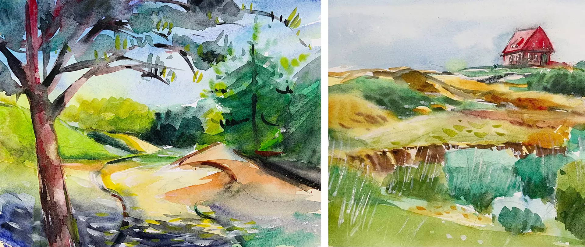 Zwei lebendige Aquarelle mit Wald- und Flusslandschaft sowie weitem Hügel- und Hausmotiv, die lockere Naturdarstellung und kreative Pinseltechniken zeigen
