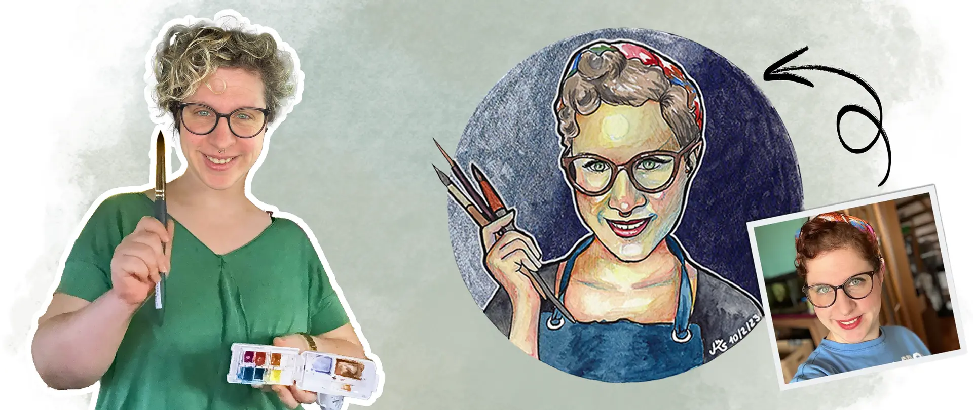 Sabrina Wohlfeil mit Pinsel und Aquarellfarben neben gezeichnetem Selbstportrait und Selfie-Foto für Kurs "After Work: Sketch Your Selfie"