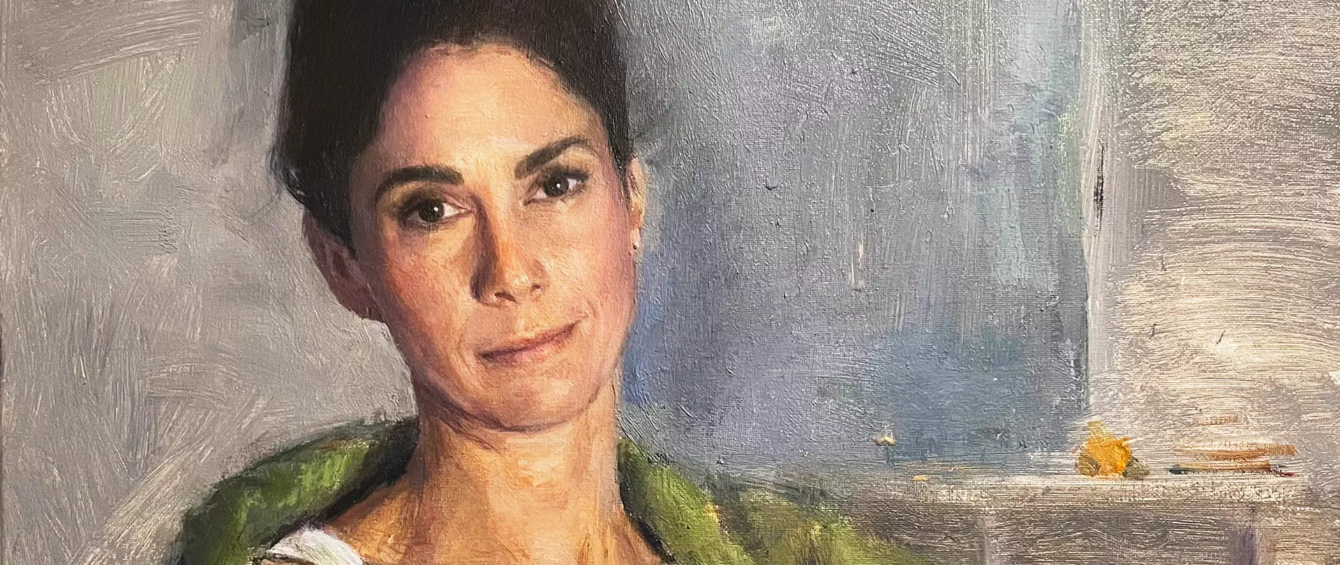 Präzises Porträt einer Frau mit direktem Blick zum Betrachter. Gemalt von Tammam Jaramani.