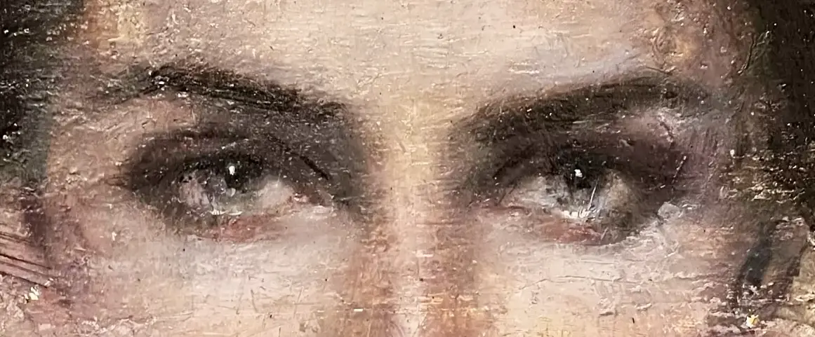 Nahaufnahme eines gemalten Portraits mit betonten Augen, das klassische akademische Prinzipien und behutsame Abstraktion in der Öl- oder Acrylmalerei zeigt