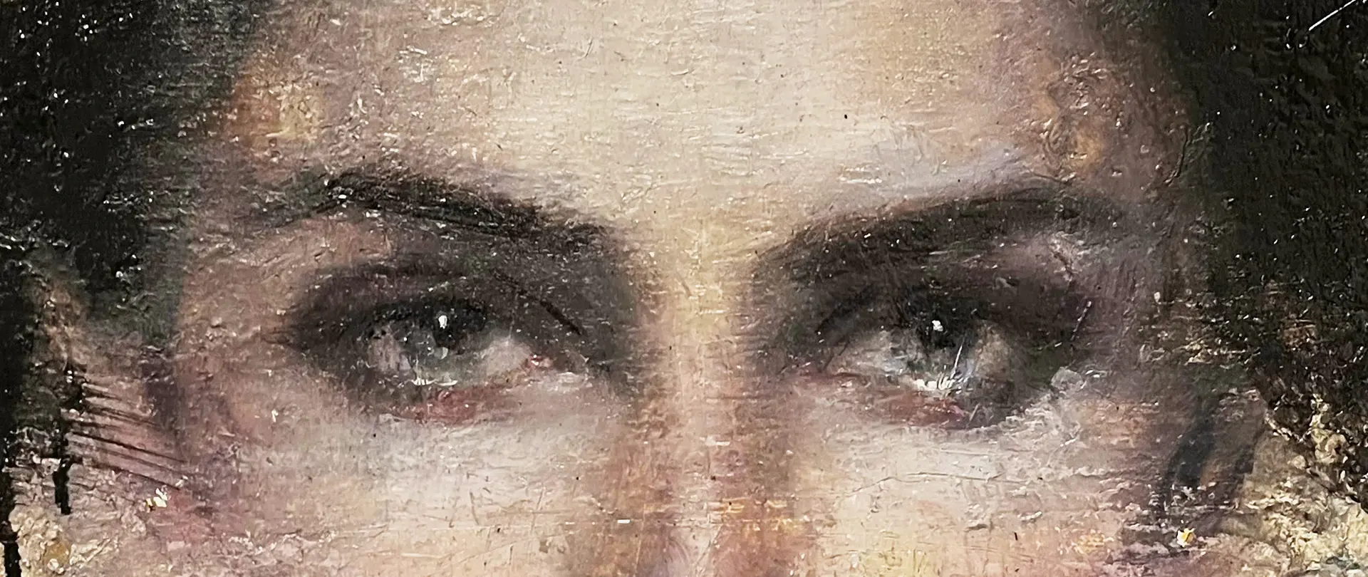 Augenpartie eines klassischen, in Öl oder Acryl gemalten Porträts mit realistischer und leicht abstrakter Darstellung der Gesichtszüge