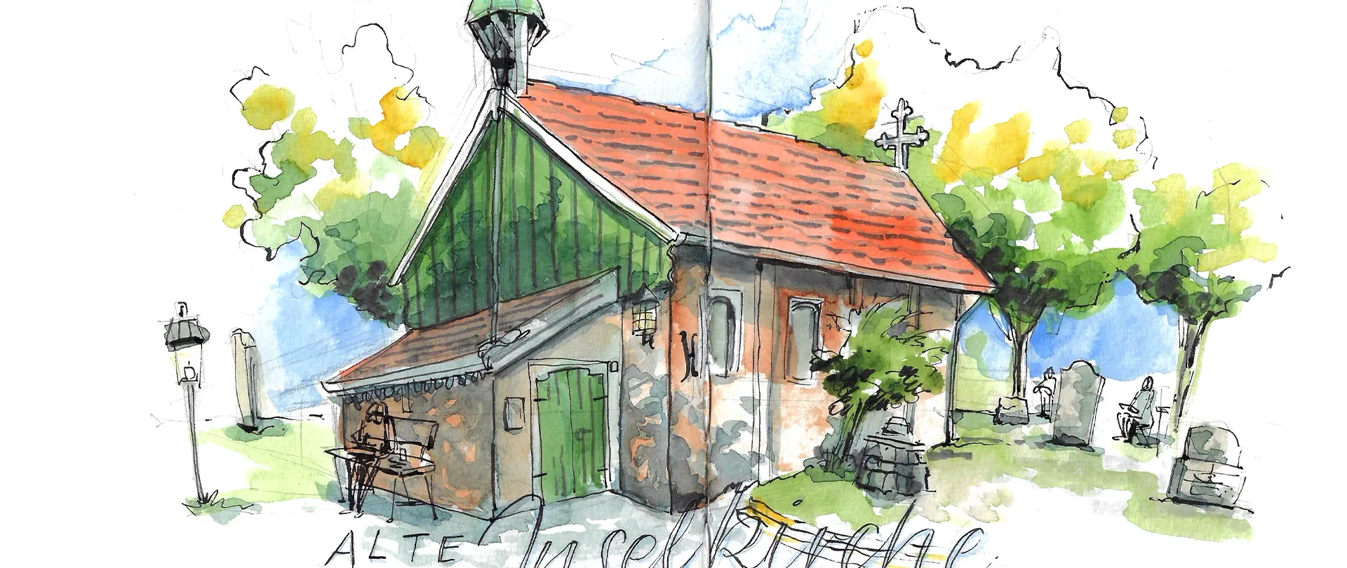 Farbig gezeichnete alte Kapelle mit rotem Dach, umgeben von Bäumen, Grabsteinen und Laternen, im Stil von urbanem Skizzieren für Anfänger