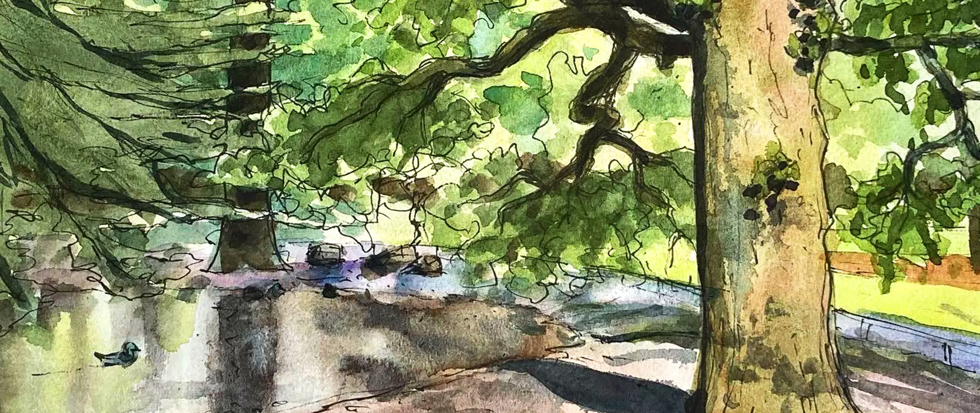 Herbstliche Landschaft mit großem Baum, Teich und entspannt schwimmenden Enten in Aquarellfarben dargestellt