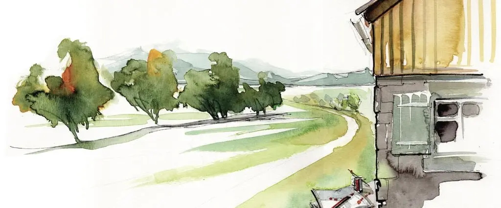 Wasserfarbskizze einer ländlichen Allgäu-Landschaft mit Bäumen, Wiesen und Hauswinkel als Inspiration für kreatives Skizzieren und Malen im Freien