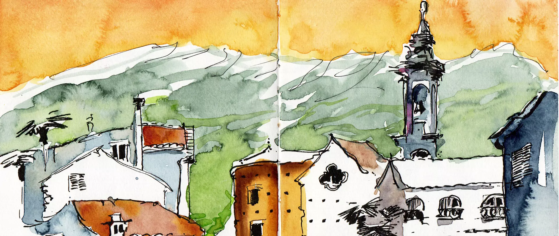 Toskana Sketch mit Stadtansicht im Vordergrund und Landschaft im Hintergrund. Farbklima in warmen und erdigen Tönen gehalten.