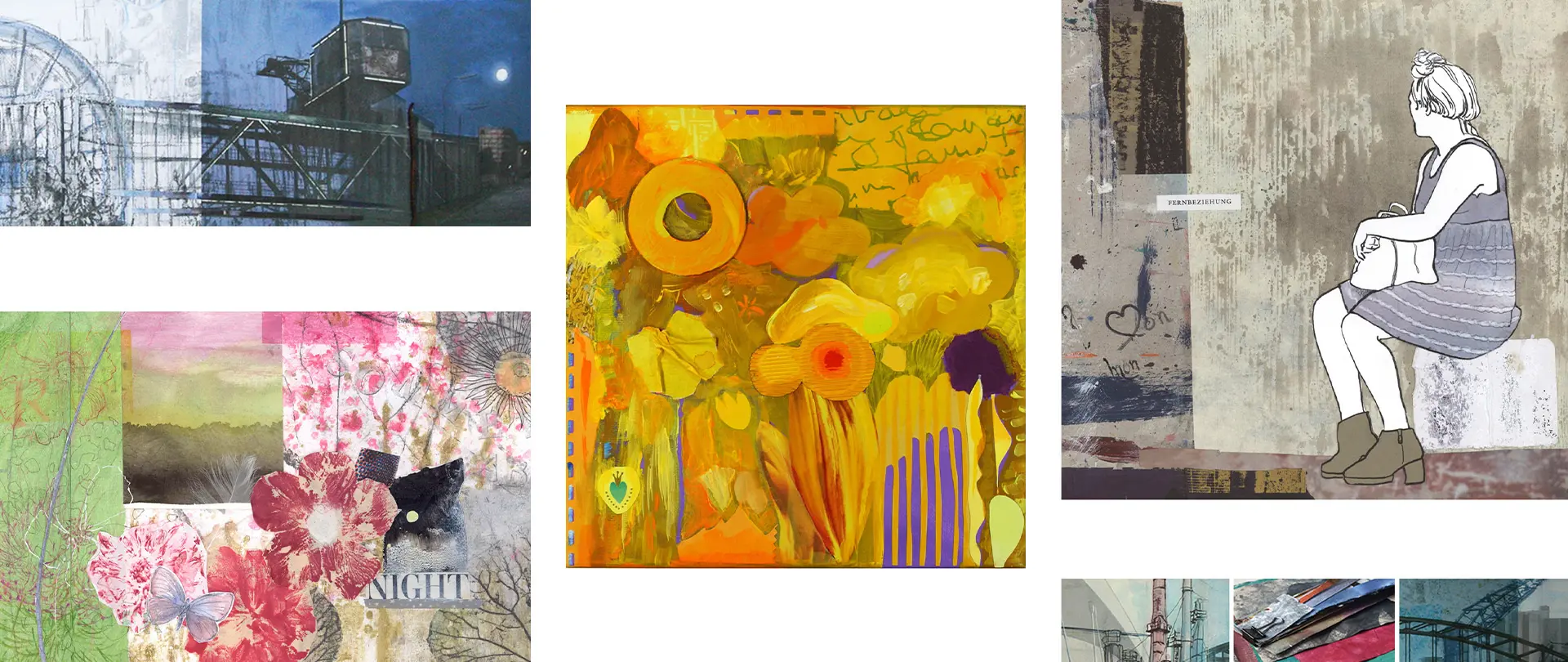 Art Journal! Sketching und Mixed Media Collage aus verschiedenen Mixed-Media-Kunstwerken mit floralen Mustern, abstrakten Formen und einer skizzenhaften Figur, die kreative Mixed-Media-Techniken im Art Journal zeigt