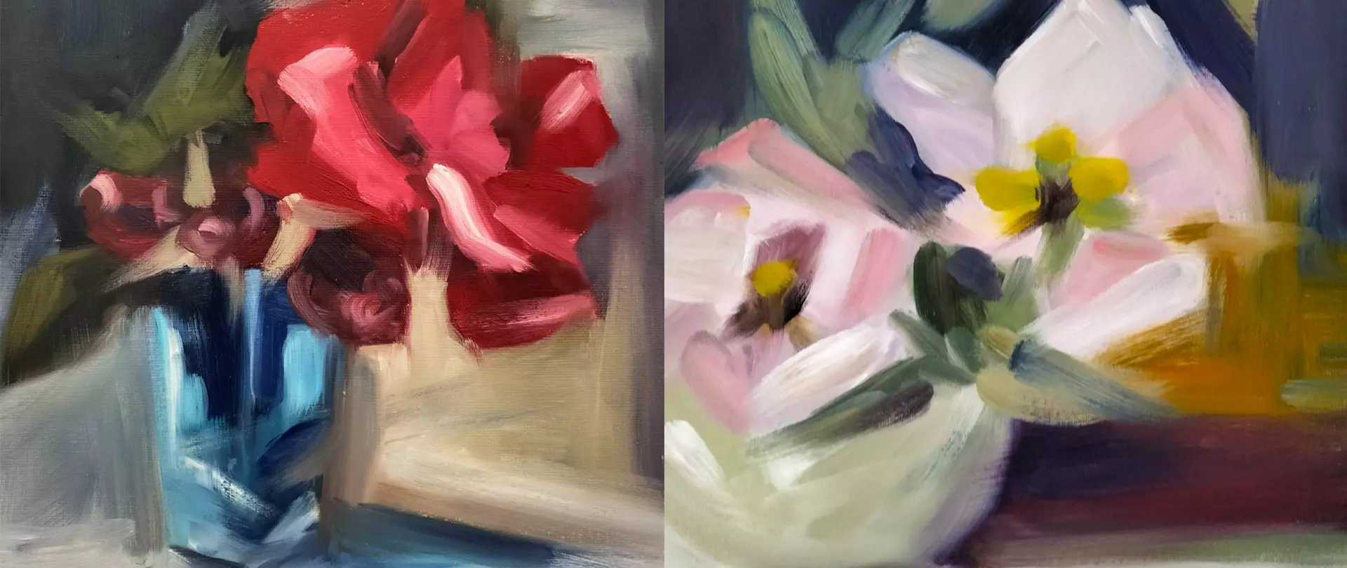 Abstrakte Acrylmalerei von floralen Sträußen mit kräftigen roten und zarten rosa Blüten in einem modernen, lebendigen Stil