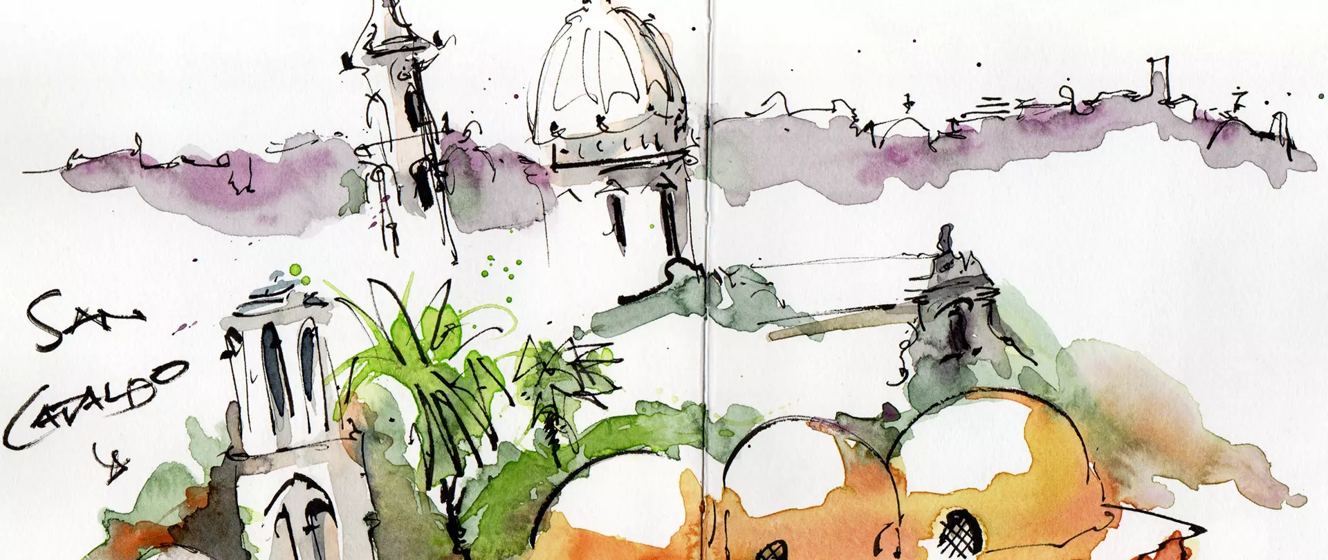 Reduziertes Aquarell zeigt Sehenswürdigkeiten & Charakteristiken Venedigs.