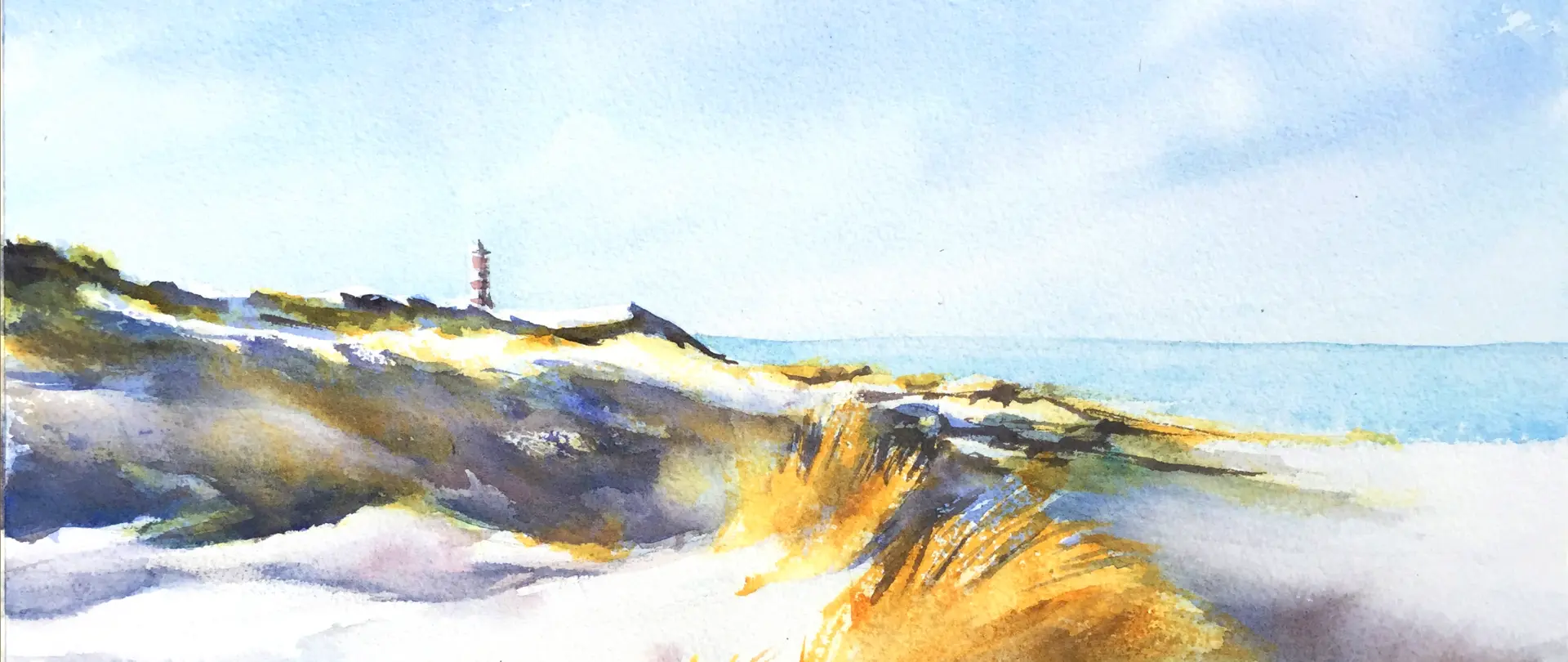 Landschaftsaquarell mit Dünen, Leuchtturm und Meer, das stimmungsvolle Motive eines Kurortes in sanften Farben zeigt