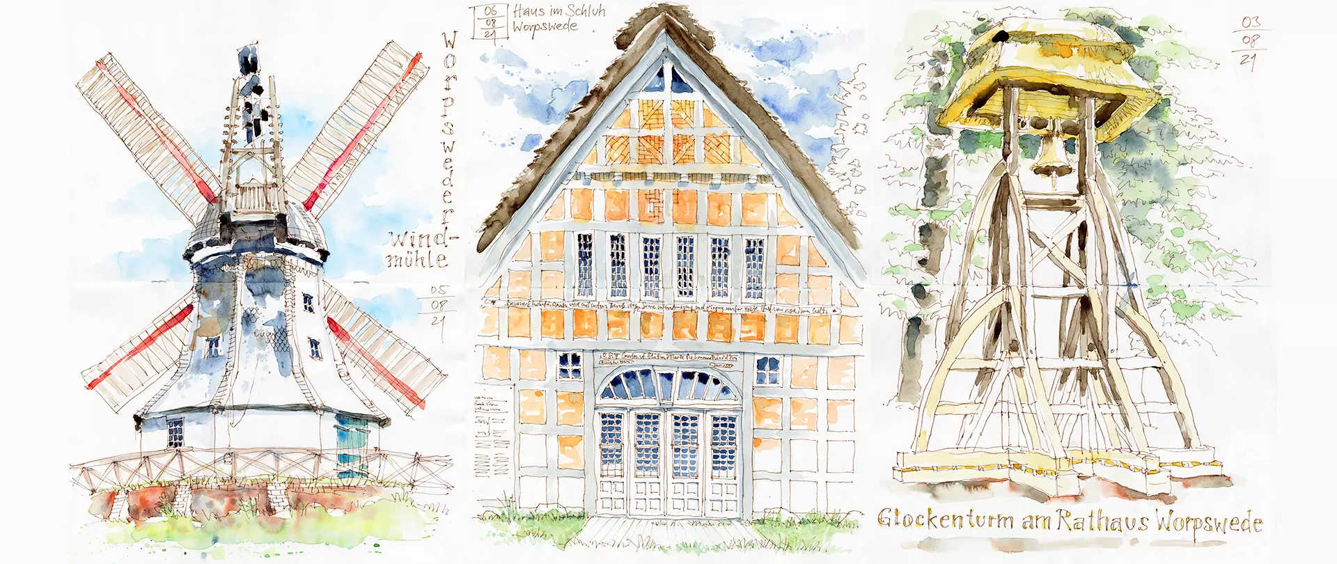 Wasserfarbskizzen von Windmühle, Fachwerkhaus und Glockenturm im winterlichen Künstlerort für kreativen Jahresstart als Urban Sketching
