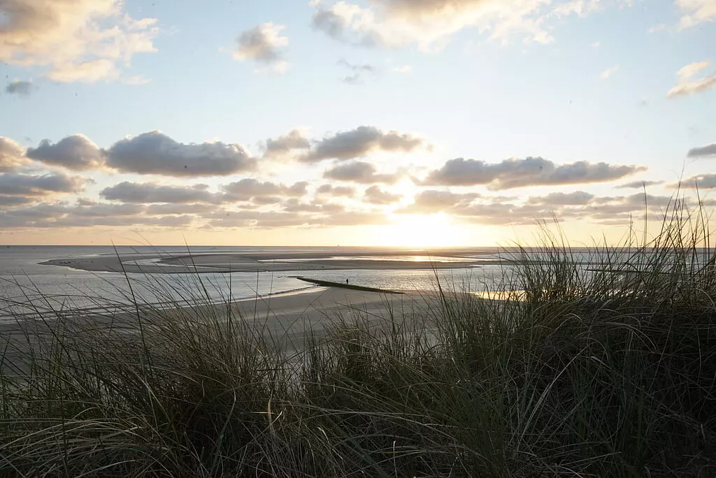 Sonnenaufgang über dem Wattenmeer mit Sanddünen und Strandgras auf Borkum