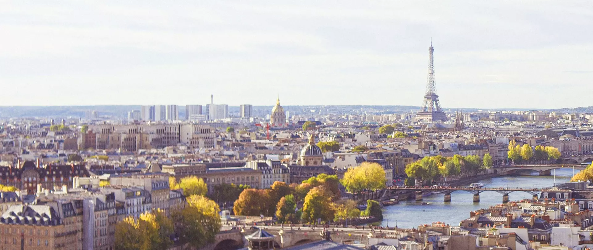 Panoramablick auf Paris mit der Seine, mehreren Brücken, herbstlich gefärbten Bäumen und dem Eiffelturm im Hintergrund bei klarem Himmel