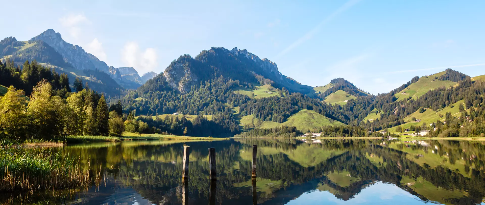 Berglandschaft mit bewaldeten Hügeln und Bergen, Spiegelung im ruhigen Wasser des Schwarzsees im Kanton Freiburg bei klarem Himmel
