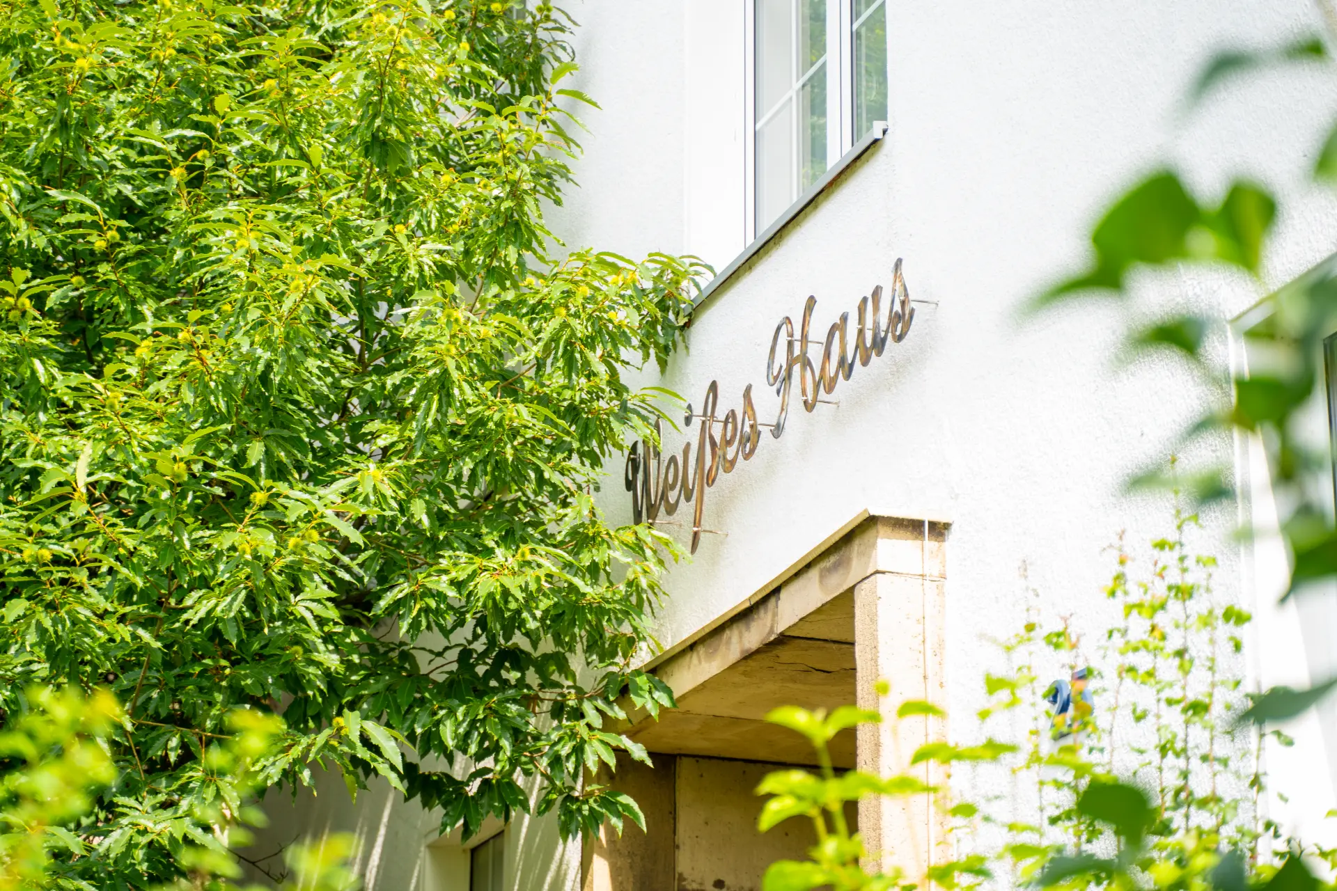 Eingang des Weißen Haus Eingang des weißen Gebäudes "Weißes Haus" in Hattingen mit Name in Metallbuchstaben und grünen Bäumen im Vordergrund