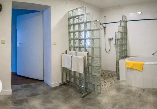 Modernes Badezimmer im Hotel Birschel-Mühle mit Glasstein-Dusche, Badewanne und Handtuchhalter in Hattingen