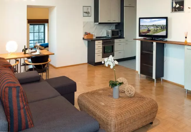 Offener Wohnbereich im Hotel Birschel-Mühle mit Sofa, Essbereich, Küchenzeile und Fernseher in Hattingen