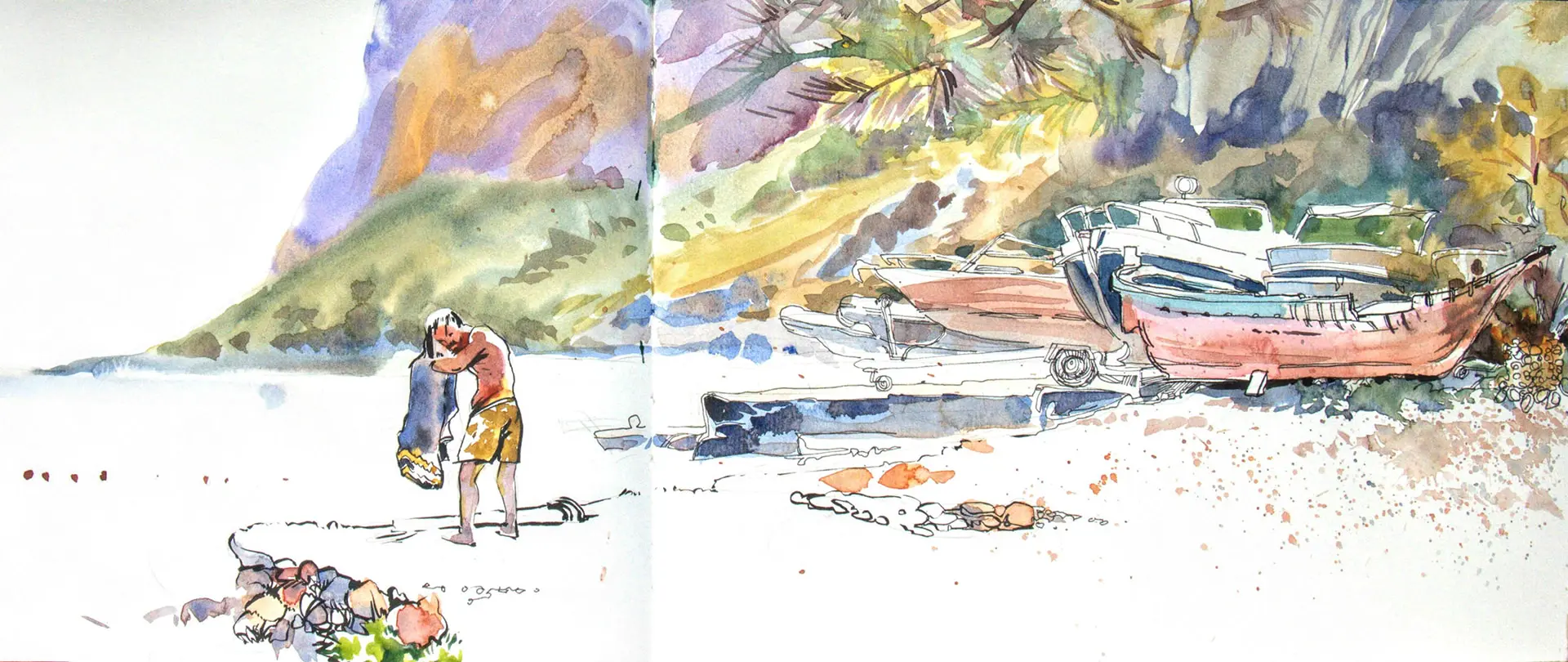 Malerische Aquarellskizze einer Küstenlandschaft mit Segelbooten, einem stehenden Menschen und mediterranen Bergen im Hintergrund