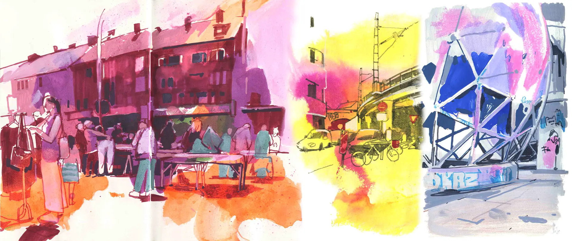 Aquarellzeichnung mit Szenen aus Berlin: Menschen auf einem Markt, eine Straße mit Fahrradfahrern und eine moderne Skulptur in bunten Farben