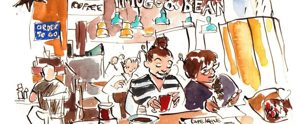 Lebendige urbane Café-Szene mit Menschen beim Skizzieren und Zeichnen, vermittelt kreative Stadterkundung und Urban Sketching-Techniken im Kurs