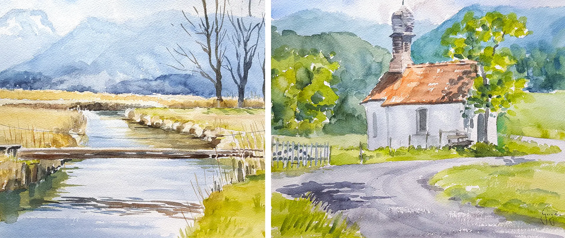 Aquarellmalerei der Landschaft rund um Kloster Seeon mit Fluss, Brücke, Kirche und intensiven Farb- und Lichtstimmungen