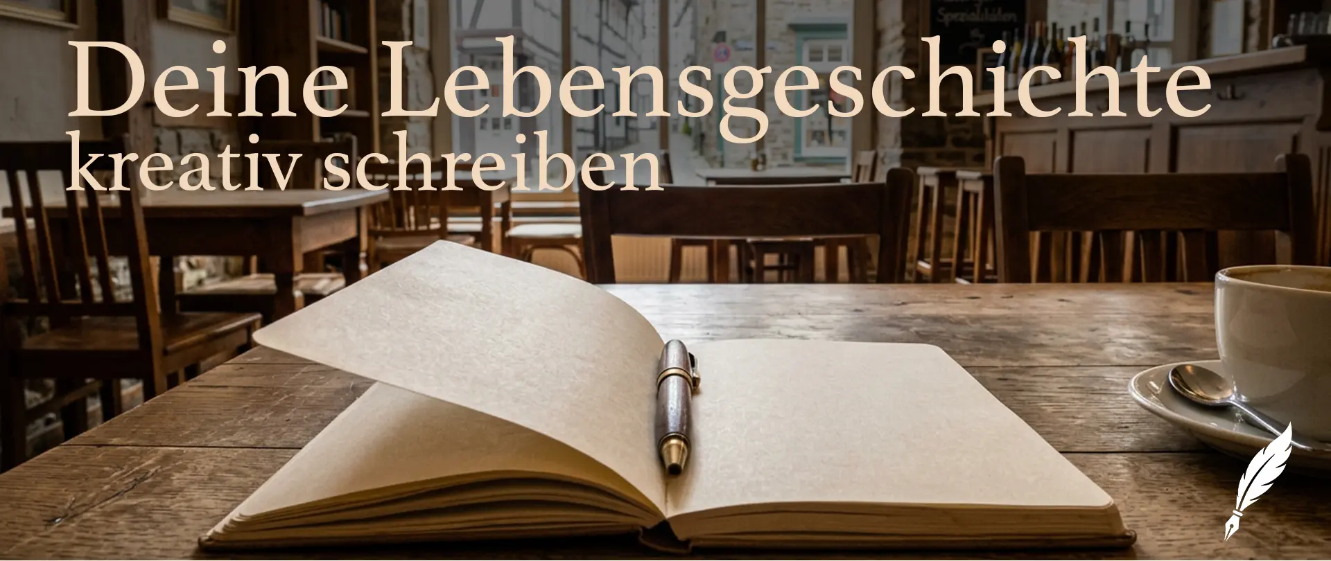 Offenes Notizbuch mit Stift auf Holztisch in gemütlichem Café, Thema kreatives autobiografisches Schreiben und persönliche Lebensgeschichten